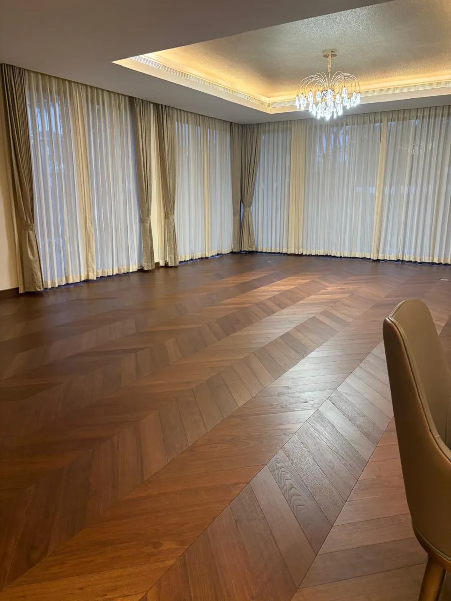 The Living Lounge — Engineered Wood, chevron, Jayanagar, 950 sq ft — flooring by Rebel Walls & Floors
